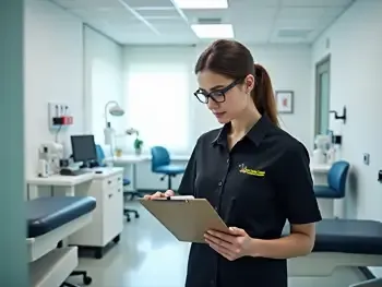 Uniformed cleaner with clipboard inspecting Newark GP surgery treatment room for compliance