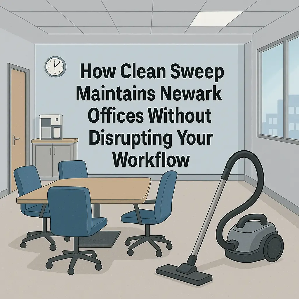 Illustration of a Newark office with vacuum cleaner, highlighting non-disruptive and reliable cleaning services