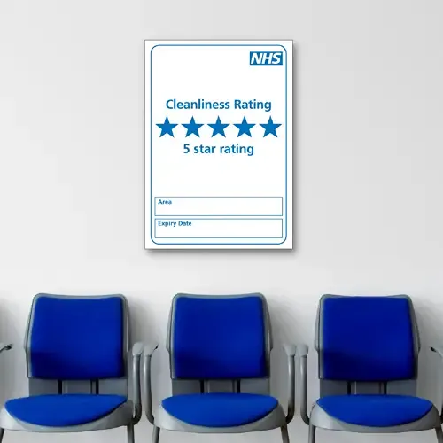 NHS cleanliness 5 star rating displayed in Newark GP surgery waiting area