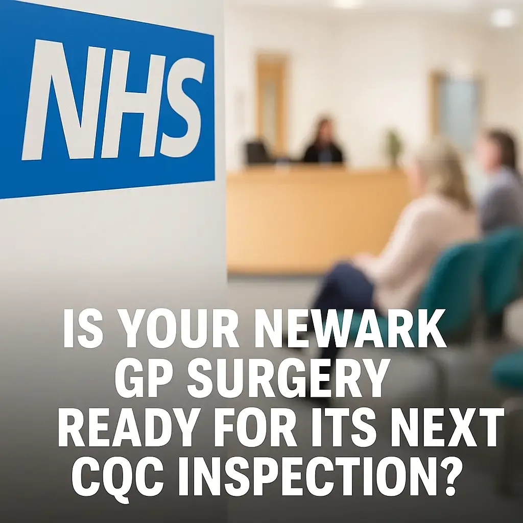 NHS sign in Newark GP surgery waiting area preparing for CQC inspection