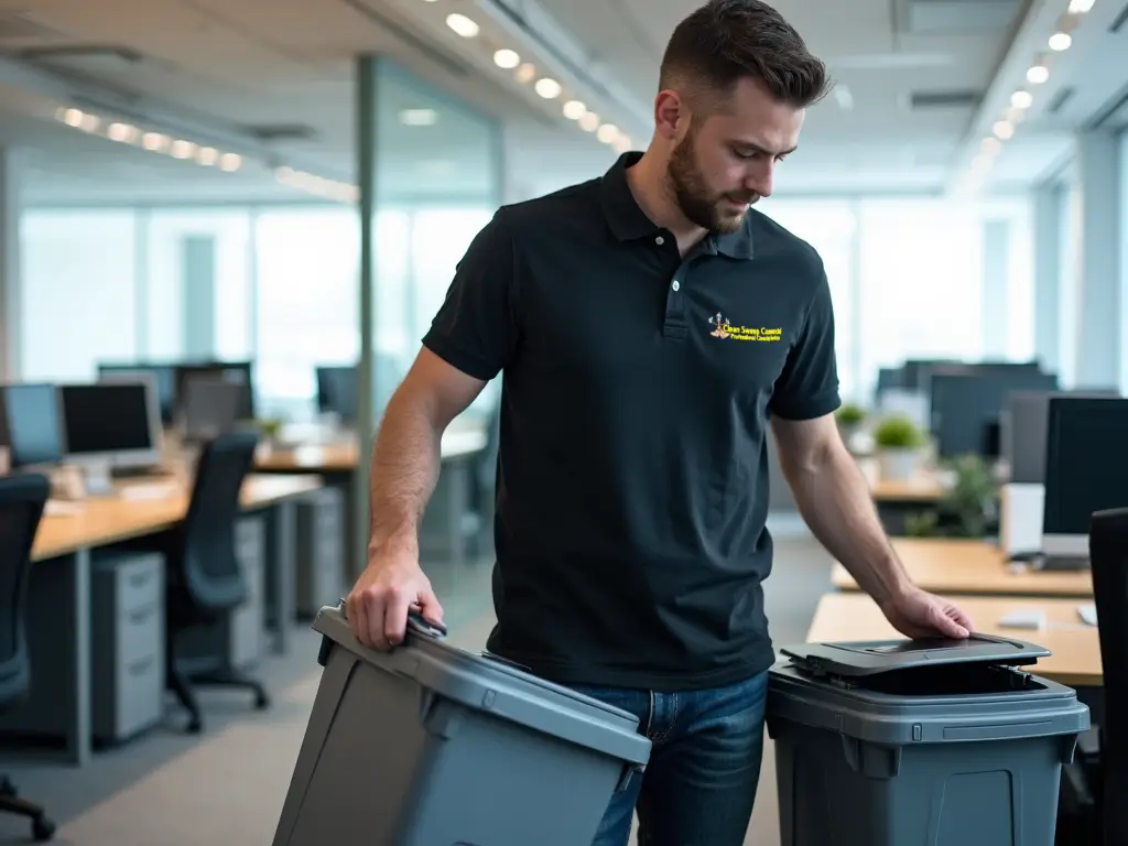 Uniformed cleaner emptying office bins in a Newark workspace