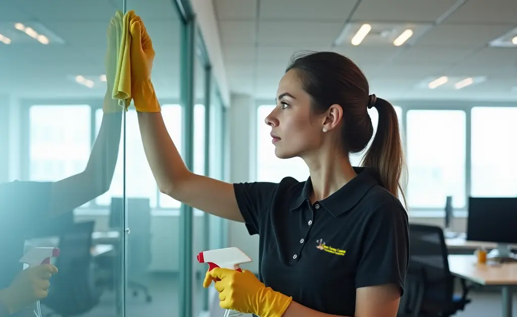 Professional cleaner wiping down a glass office partition in Newark