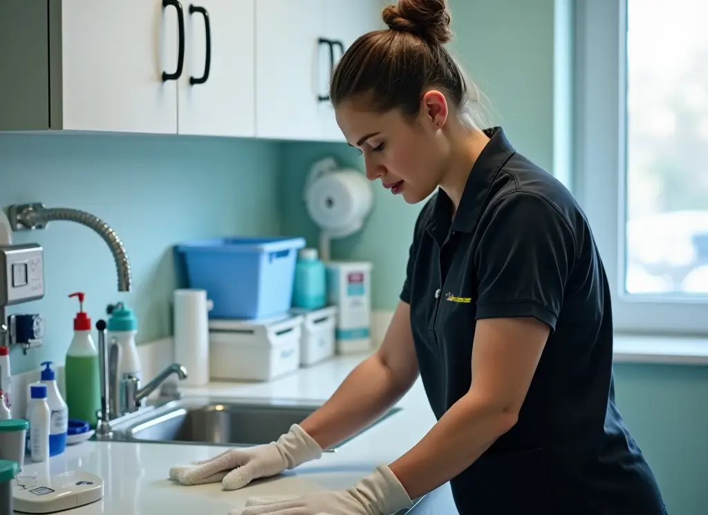 Uniformed cleaner disinfecting GP surgery treatment room surfaces in Newark