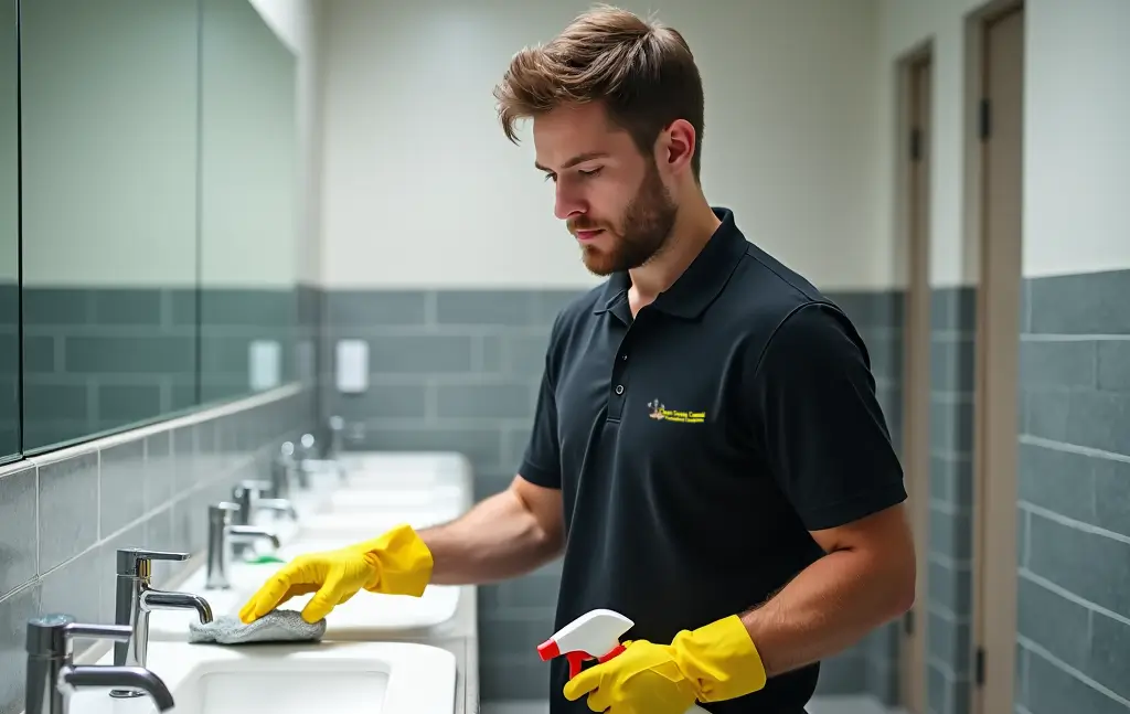 Male office cleaner sanitising sinks and surfaces in a commercial washroom