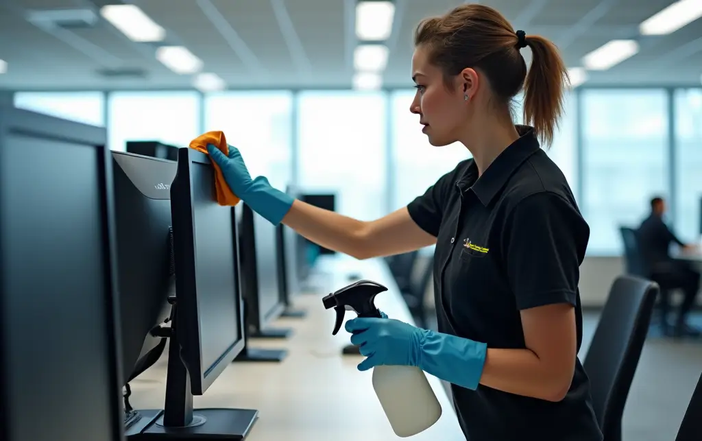 Cleaner wiping computer monitors in a modern office on Newarkâs industrial estates