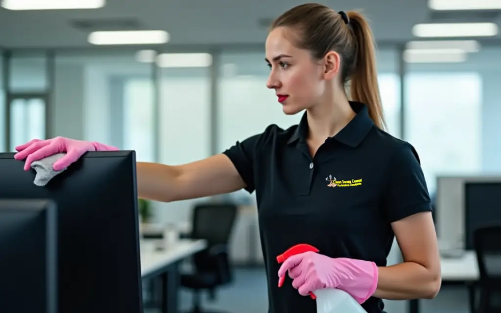 Professional office cleaner wiping a monitor in a bright NG23 workspace