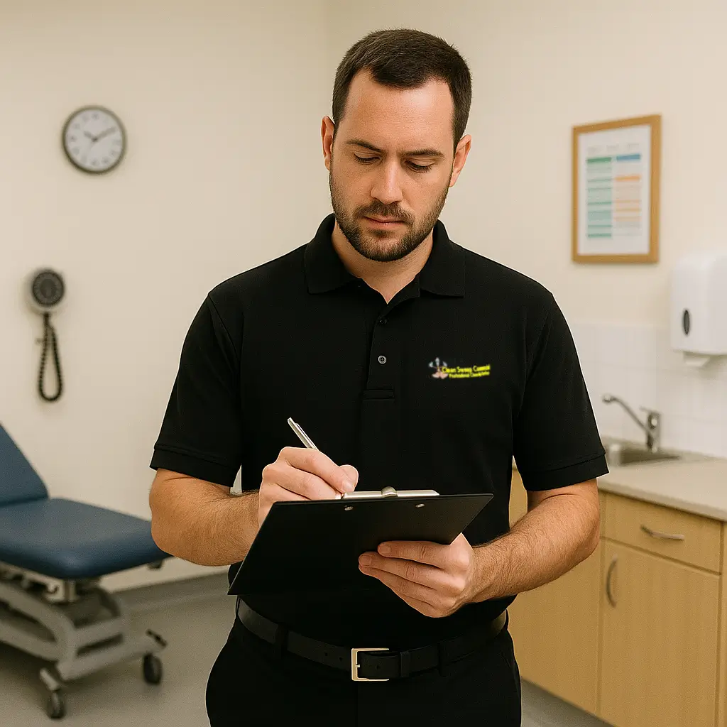 Clean Sweep Commercial team member completing an on-site walkthrough in a Newark office to prepare a clear cleaning quote