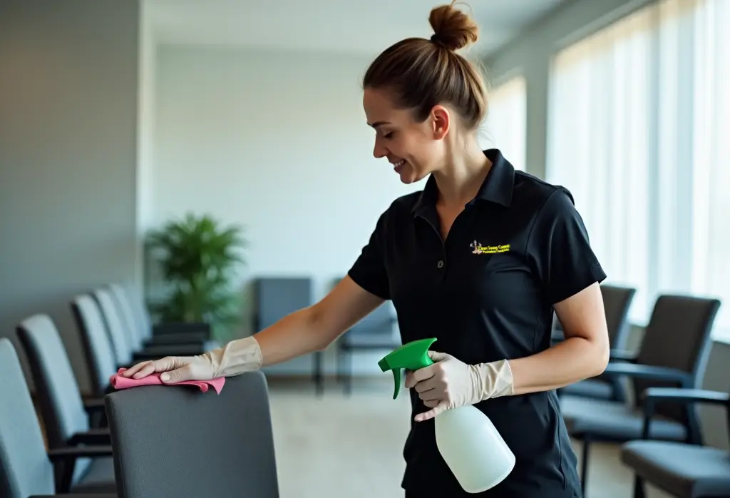 niformed office cleaner wiping meeting room chairs with disinfectant spray during routine commercial cleaning.