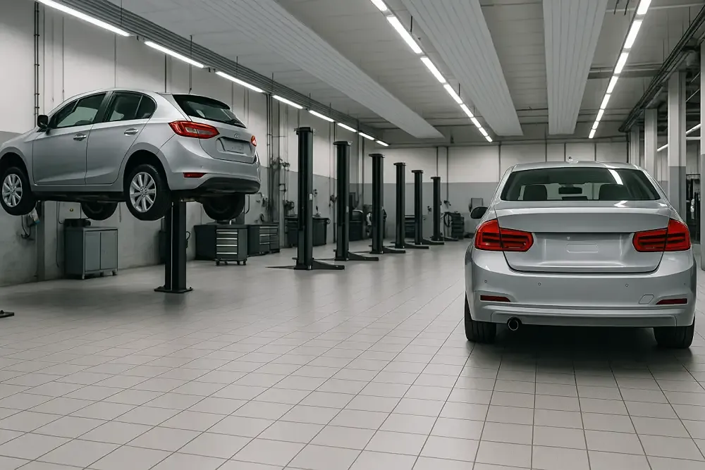 Clean and tidy Newark car dealership workshop with vehicles on lifts