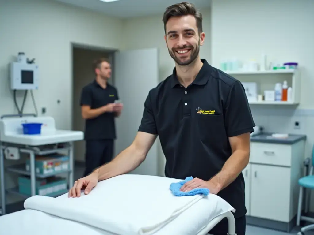 Male cleaner disinfecting treatment area in Retford medical clinic â€“ CQC-compliant cleaning service