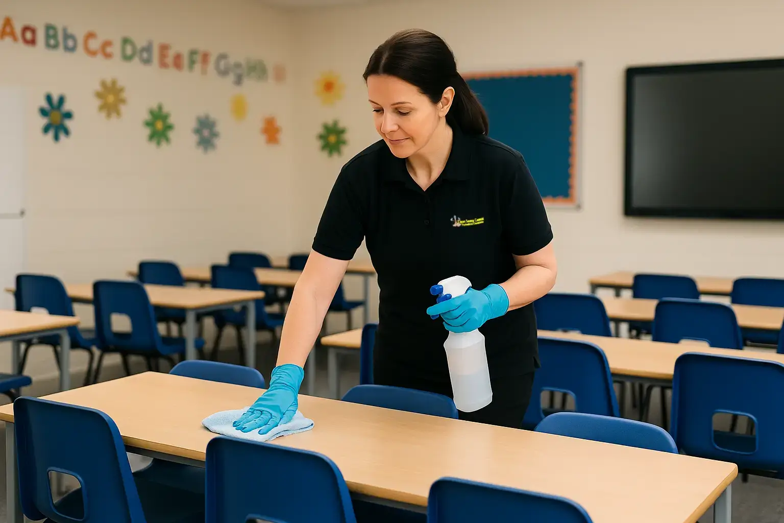 Uniformed cleaner wiping classroom desk in Retford school â€“ professional school and college cleaning service