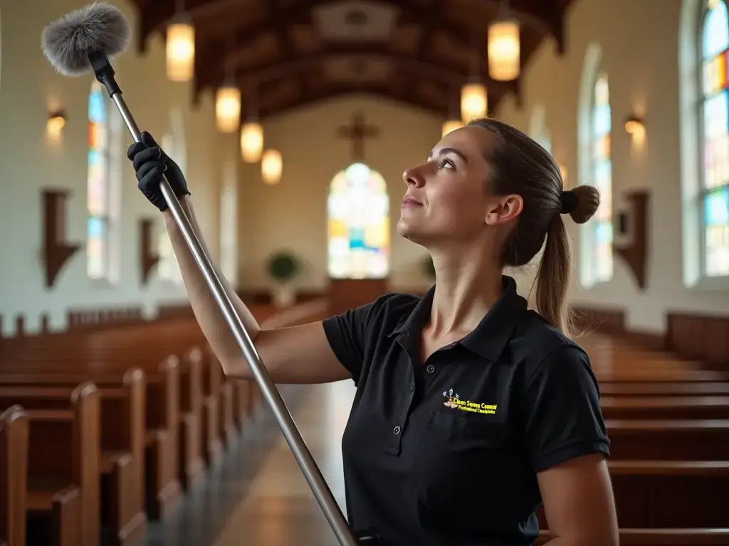 Cleaner dusting high surfaces in Retford church â€“ specialist church cleaning service by Clean Sweep Commercial