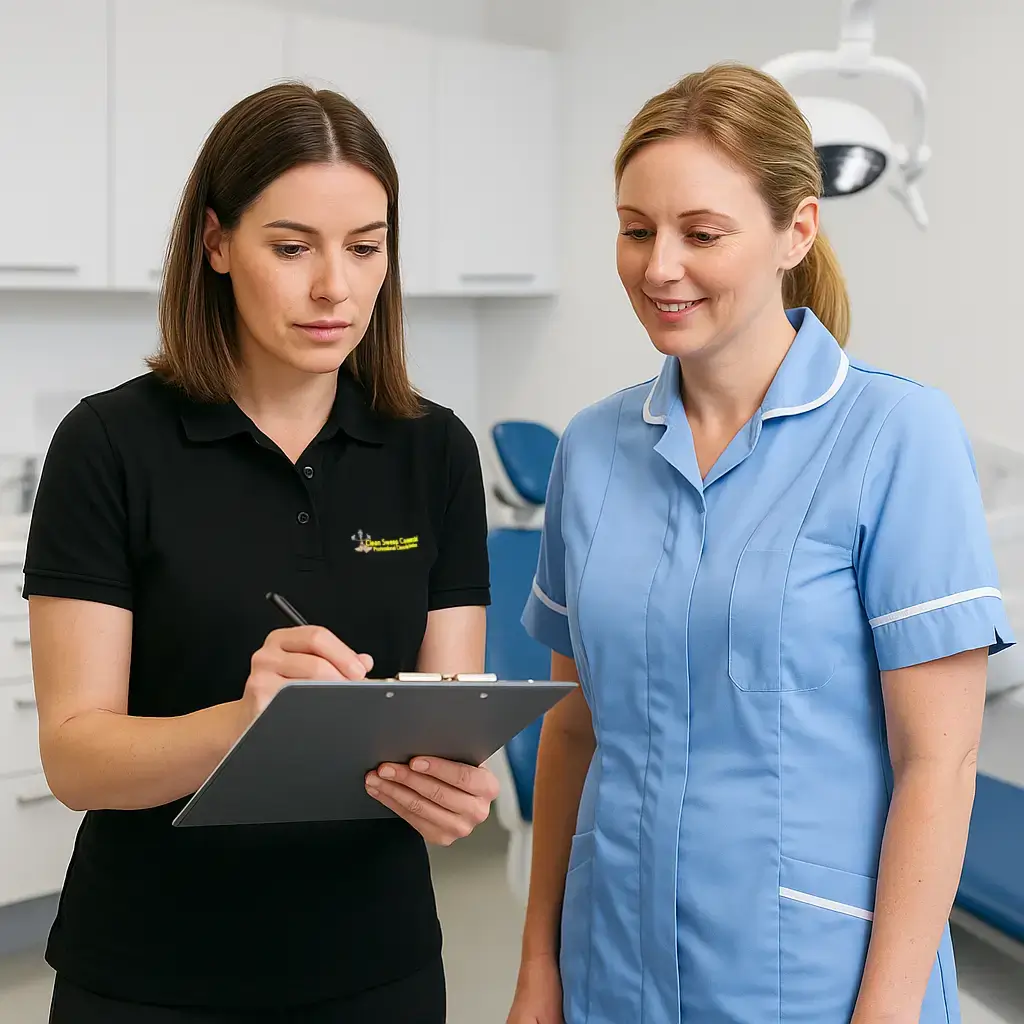 Uniformed cleaner and nurse in Retford dental surgery reviewing cleaning checklist