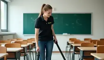 Cleaner vacuuming classroom in Retford school