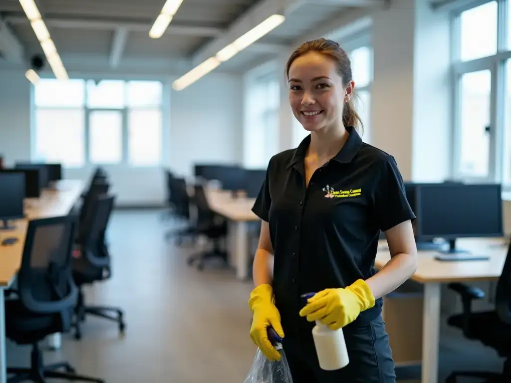Uniformed cleaner smiling in Retford office workspace â€“ professional office cleaning by Clean Sweep Commercial