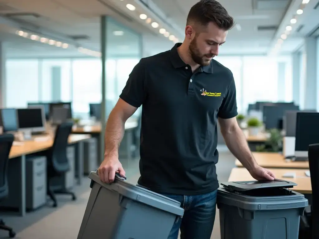 Cleaner emptying office bins in Gainsborough workspace