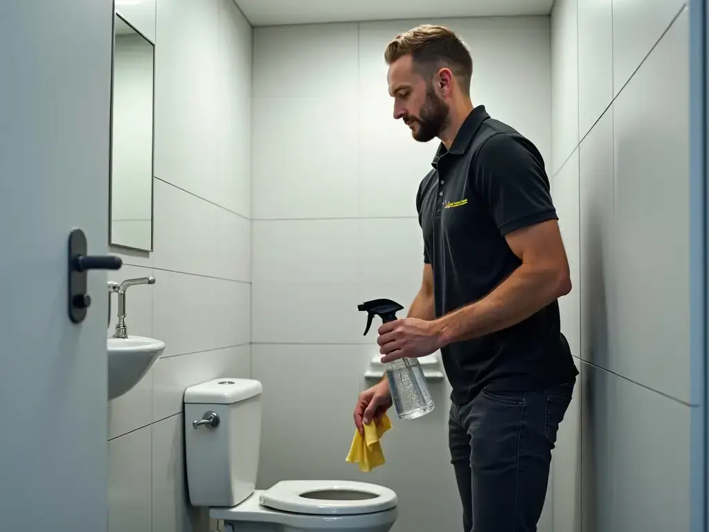 Sanitising customer restroom in Gainsborough dealership for hygiene and safety