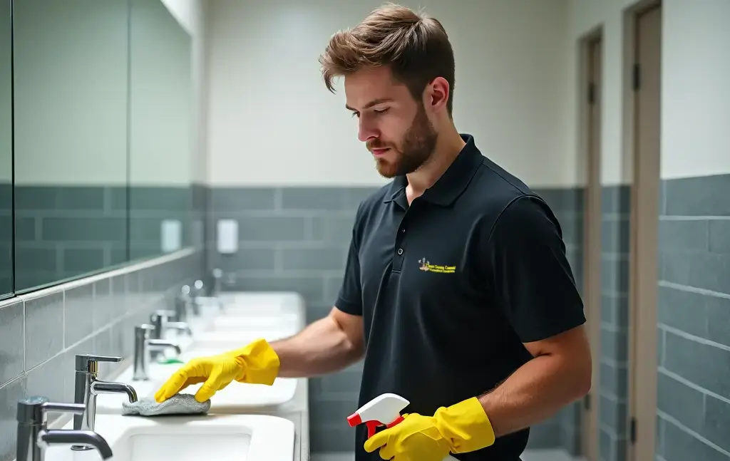 Uniformed cleaner sanitising sinks in Gainsborough hospitality and leisure washrooms