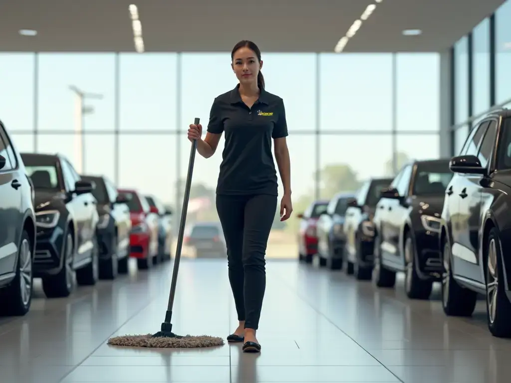 Uniformed cleaner sweeping Gainsborough dealership floor for consistent cleanliness