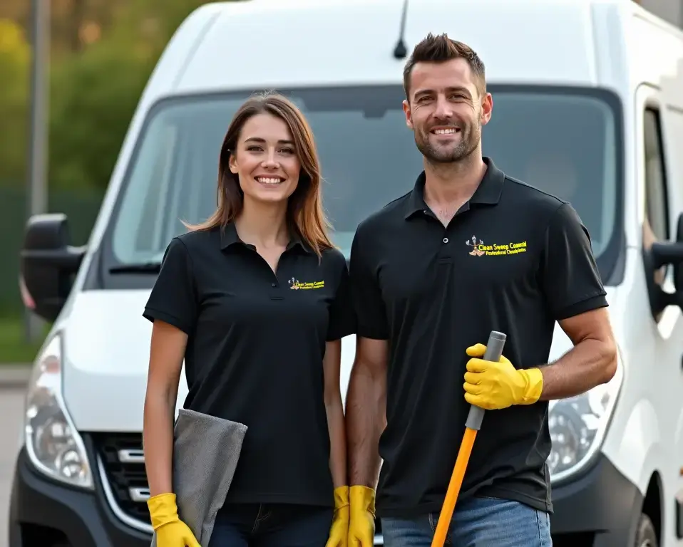 Uniformed Clean Sweep Commercial cleaners standing outside company van in Gainsborough