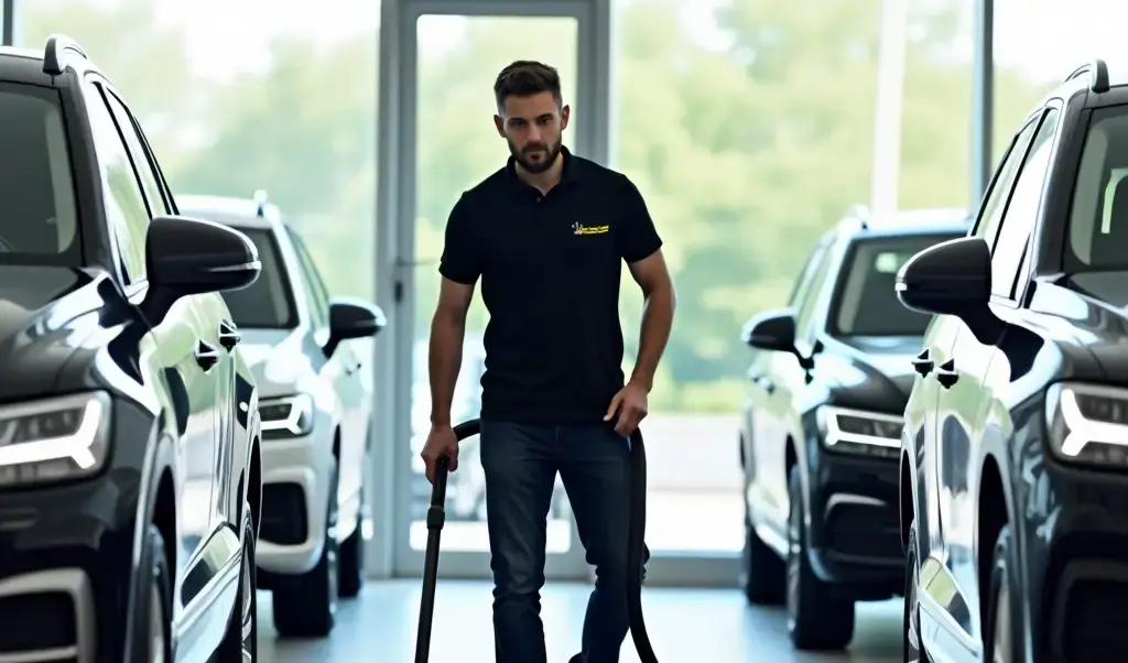 Cleaner vacuuming Gainsborough car dealership showroom floor to maintain presentation