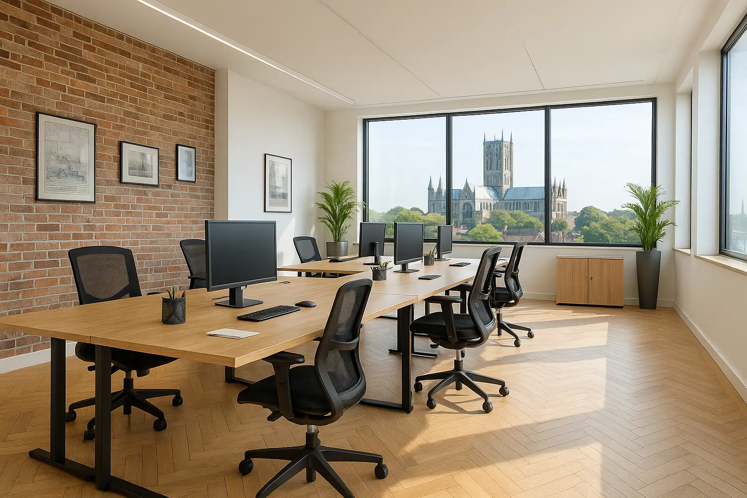 Modern Lincoln office workspace with large windows overlooking Lincoln Cathedral