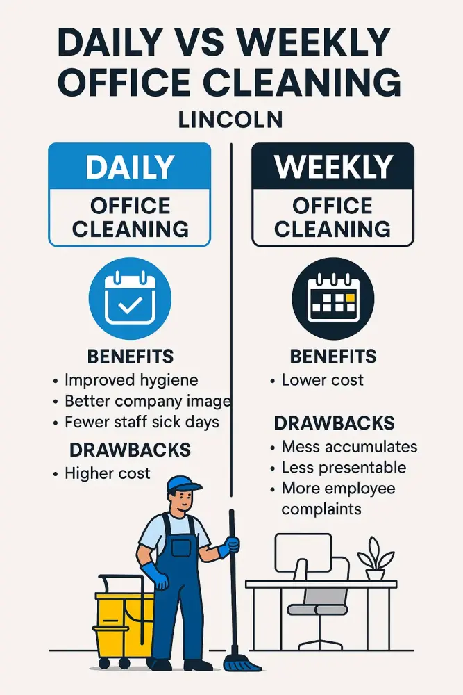 Infographic comparing daily vs weekly office cleaning in Lincoln, highlighting benefits and drawbacks