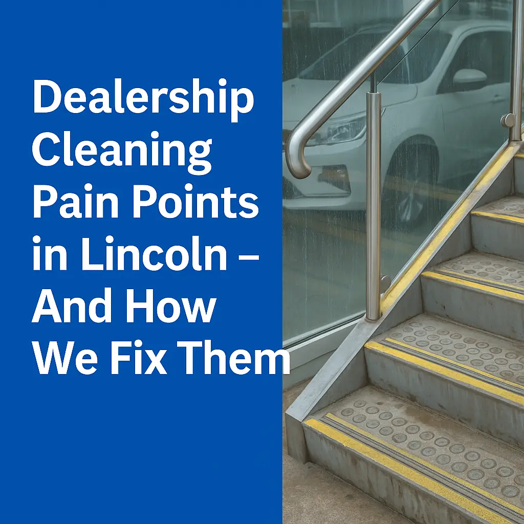 Staircase and showroom entrance showing common cleaning pain points for Lincoln dealerships