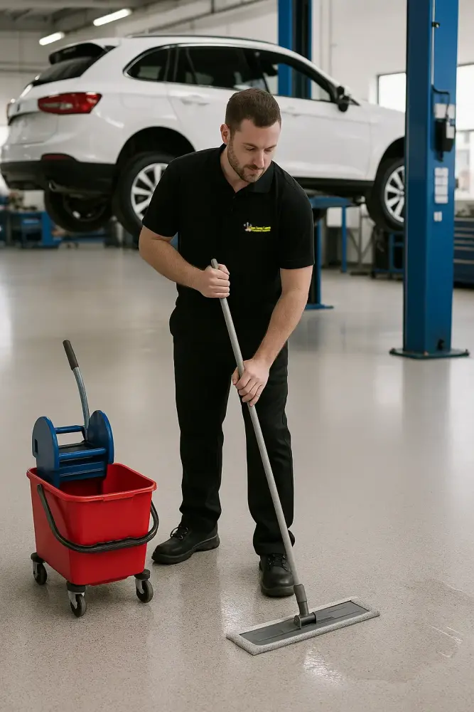 Uniformed staff mopping dealership workshop floor for cost-effective cleaning in Lincoln