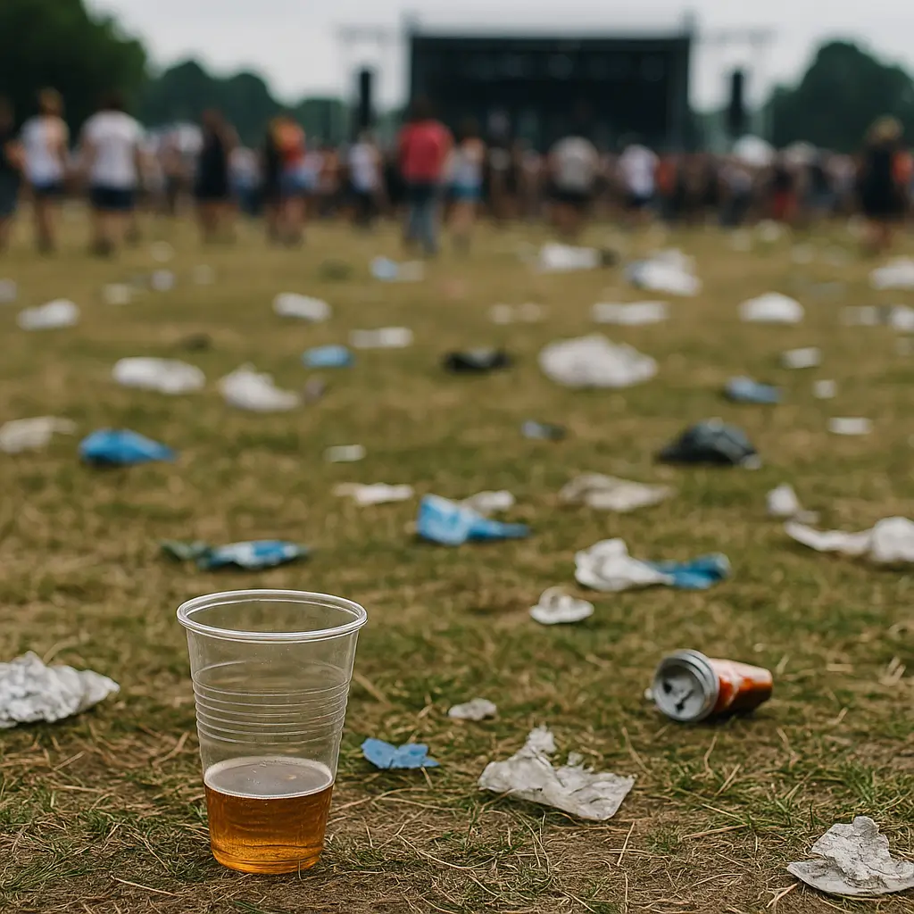 Abandoned cup and litter on Lincoln festival ground showing costs of DIY event cleaning