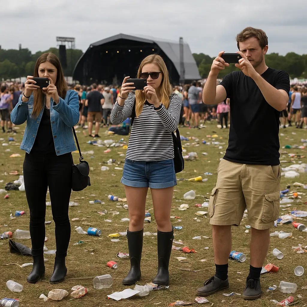 Festivalgoers photographing littered field, showing reputational risks of poor event cleaning in Lincoln