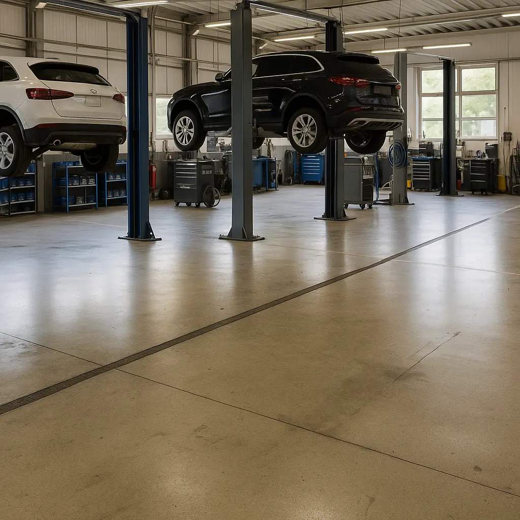 Clean Newark dealership workshop with cars on lifts showing professional floor cleaning