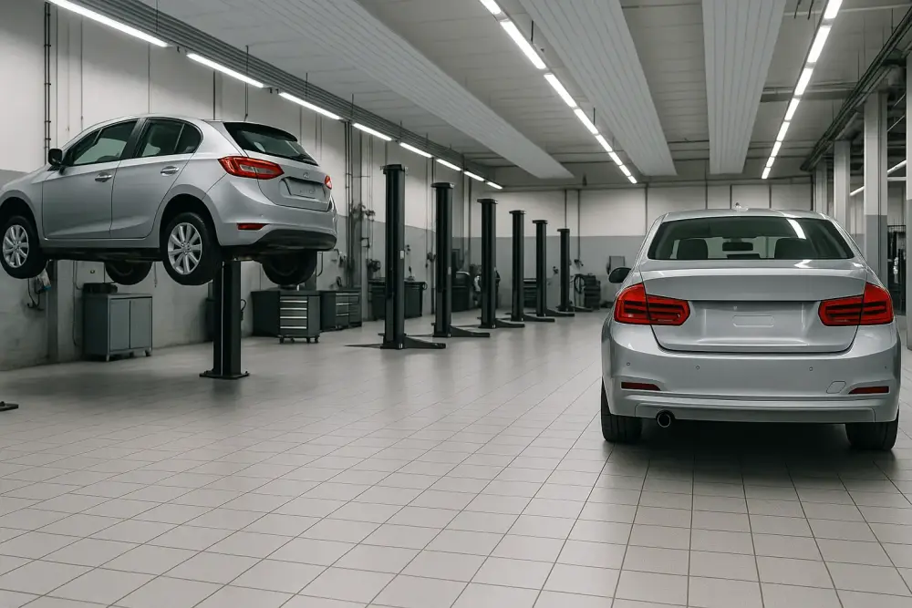 Tiled Newark car workshop with vehicles lifted, highlighting dealership cleaning services