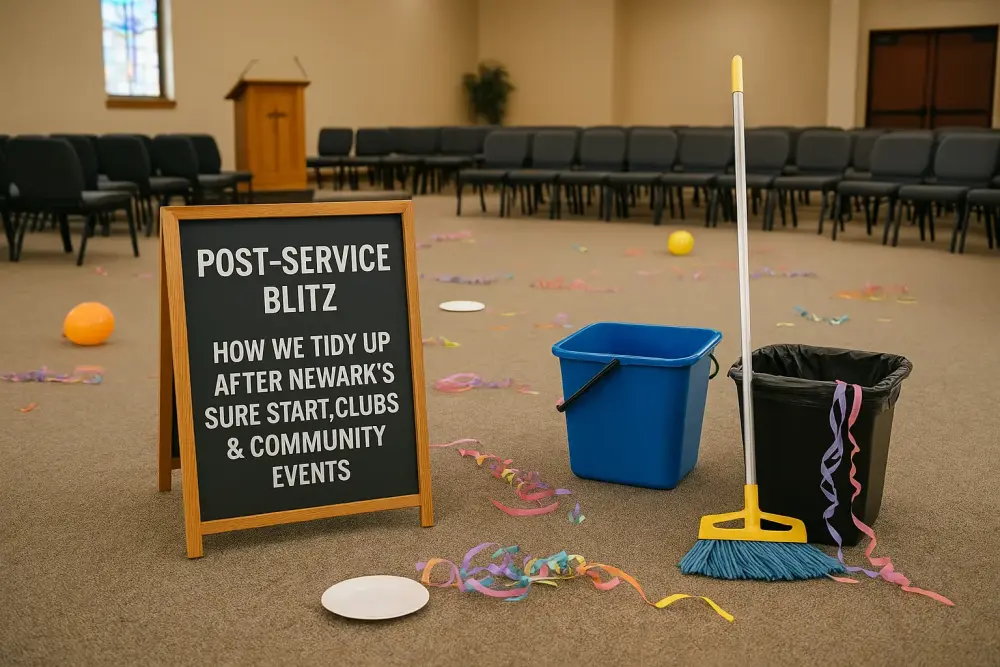 Church hall in Newark after event with mop and bins showing professional post-service cleaning