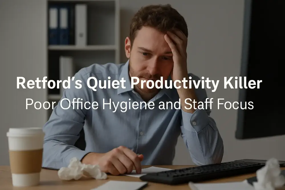 Frustrated office worker in Retford showing how poor office hygiene reduces staff productivity