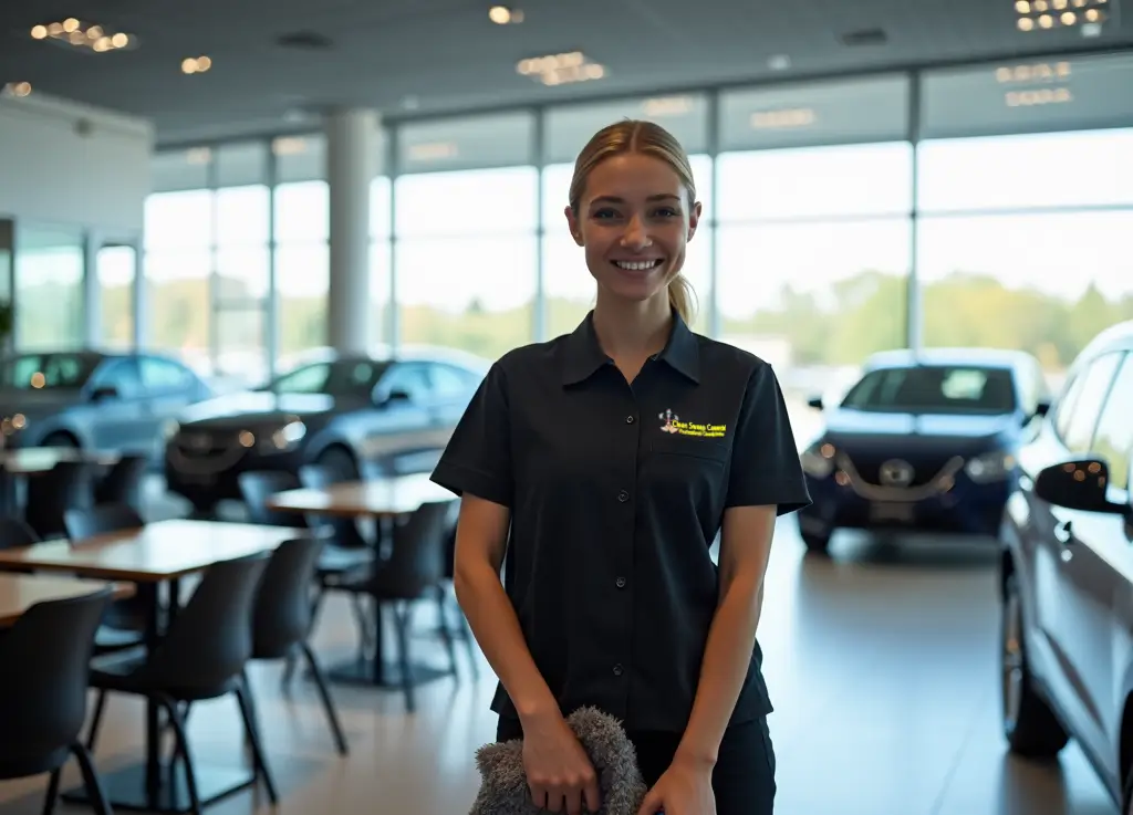 Smiling uniformed cleaner in Retford car dealership showroom representing full cleaning services