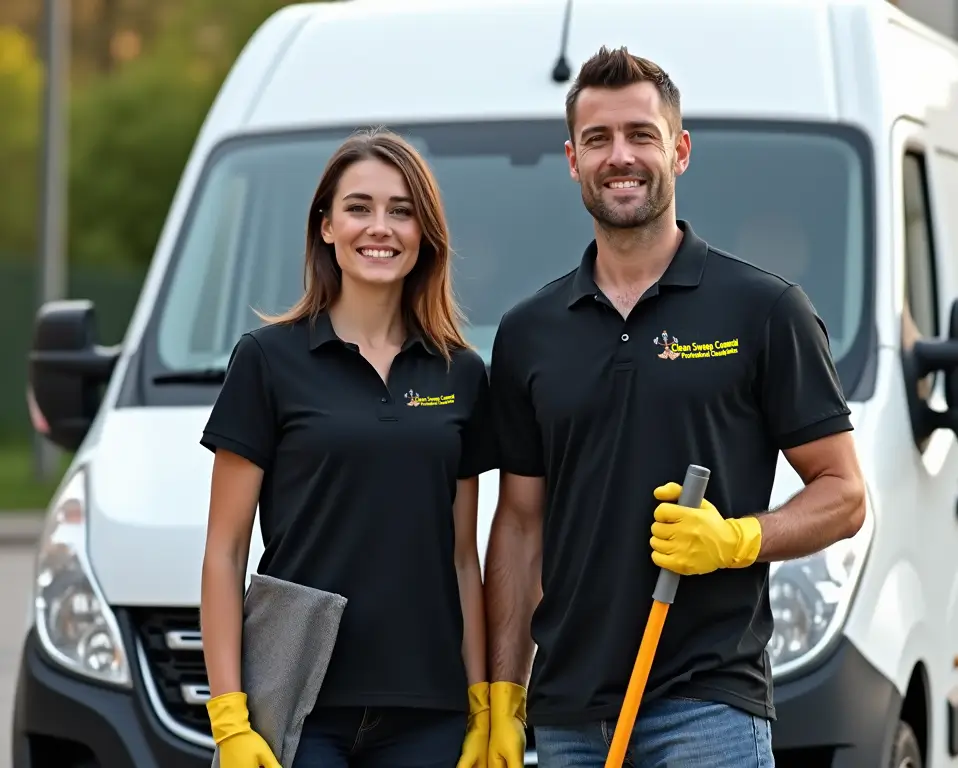 Two uniformed Clean Sweep Commercial staff standing outside a branded van in Retford