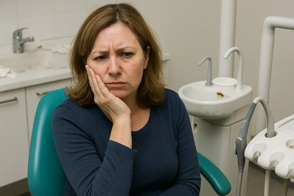 Concerned patient in untidy dental surgery highlighting poor cleaning risks