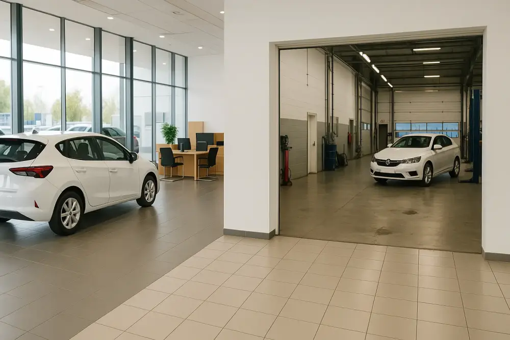Clean dealership showroom and service bay in Gainsborough showing complete cleaning coverage