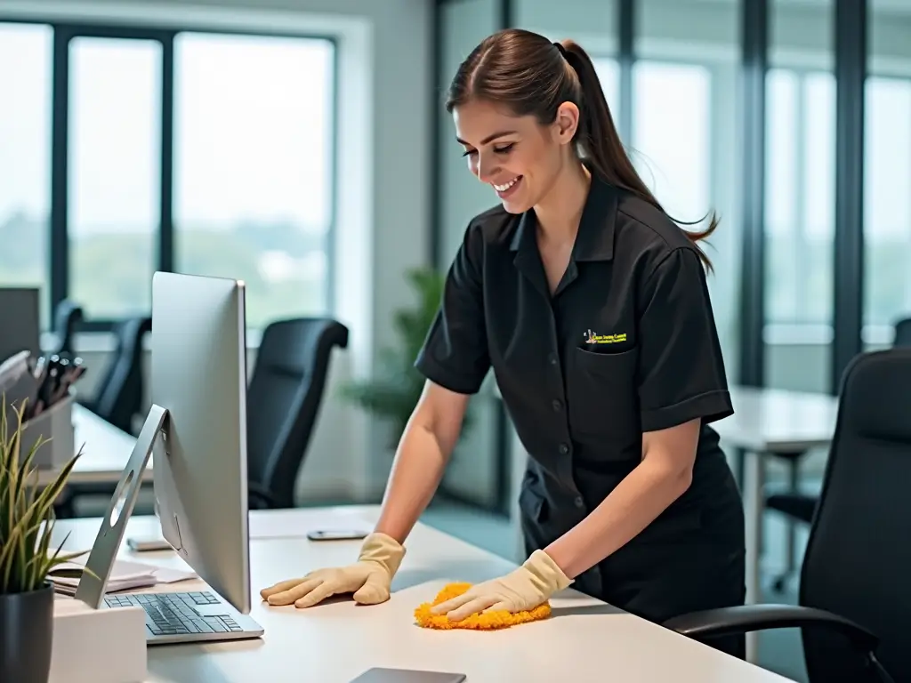 Uniformed cleaner wiping office desk in Gainsborough workplace