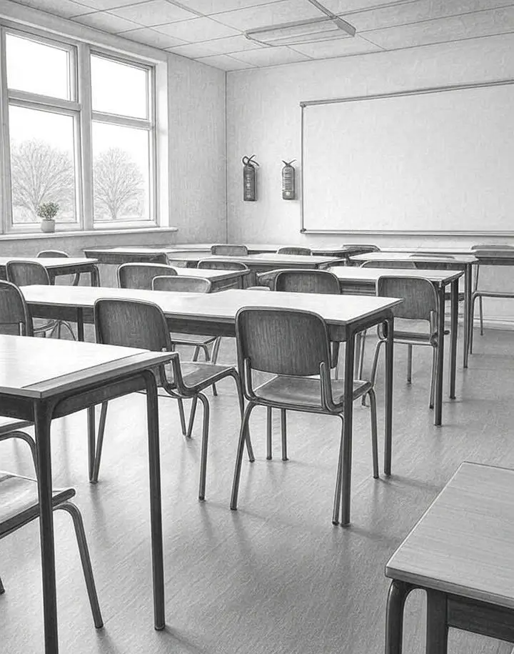 Freshly cleaned empty classroom in Retford with neatly arranged desks and chairs, representing professional school and college cleaning services
