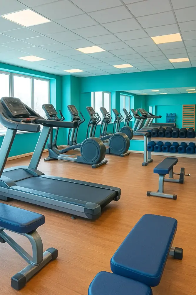 Modern Gainsborough gym with polished wooden floors, spotless treadmills and weight benches
