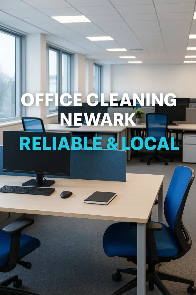 Modern Newark office with clean desks and bright layout, highlighting reliable and local office cleaning services