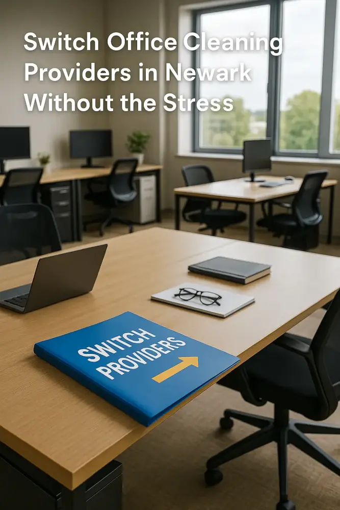 Newark office with a folder labelled Switch Providers on a clean desk, symbolising an easy transition to a new office cleaning company