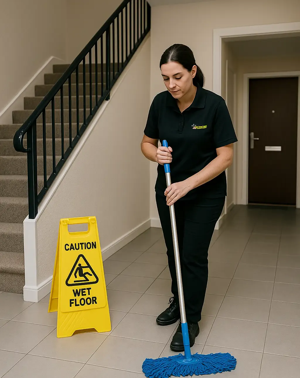 Professional cleaner mopping a tiled communal hallway in a Newark apartment block with a caution wet floor sign â€” Clean Sweep Commercial