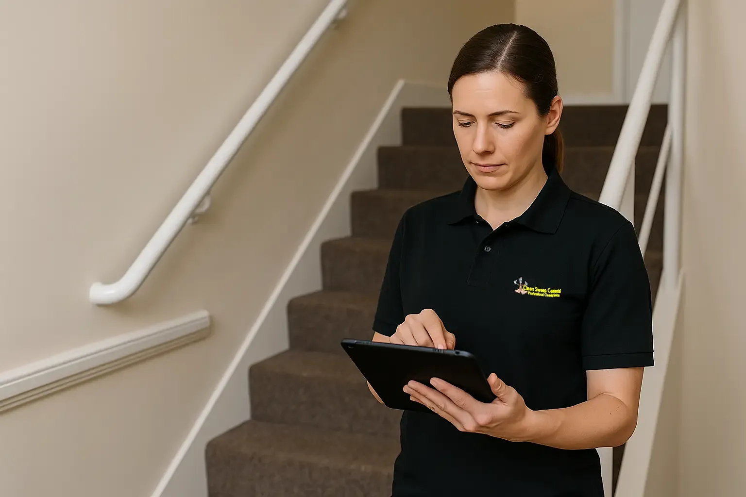 Uniformed operative in Newark checking Sentinel digital cleaning logs on a tablet inside a shared stairwell â€” Clean Sweep Commercial