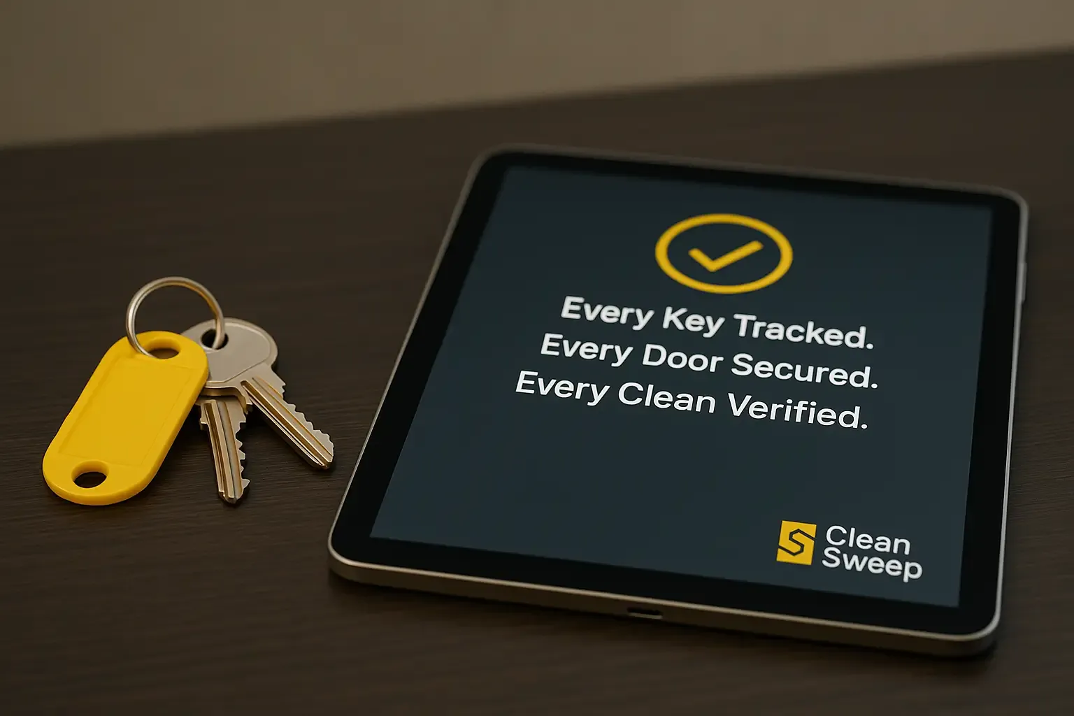 Sentinel cleaning verification displayed on tablet beside secure key tag, showing audited access for Newark communal area cleaning â€” Clean Sweep Commercial
