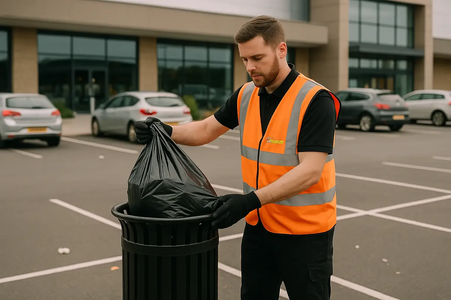 Clean Sweep Commercial staff member in orange high-vis vest and black polo disposing of litter in a car park bin at a Lincoln retail park.