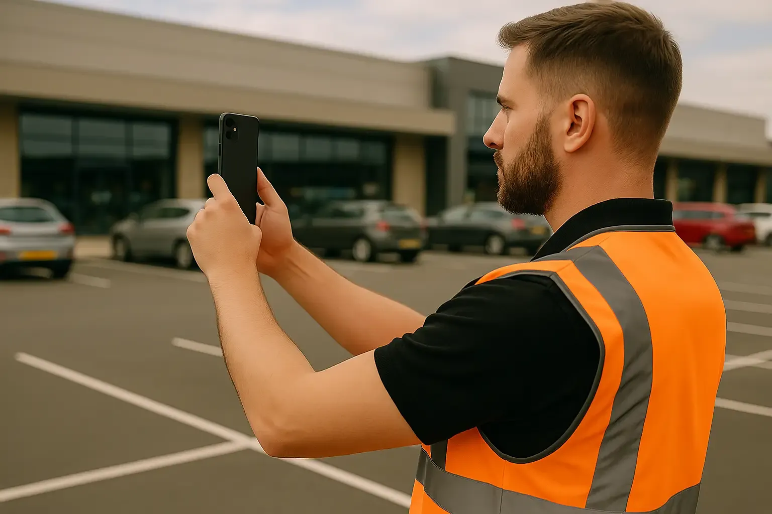Clean Sweep Commercial staff member in orange high-vis vest taking a photo of a retail park car park using a smartphone.