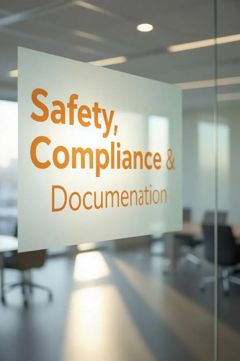 Office window decal reading âSafety, Compliance & Documentationâ in orange letters inside a modern meeting room.
